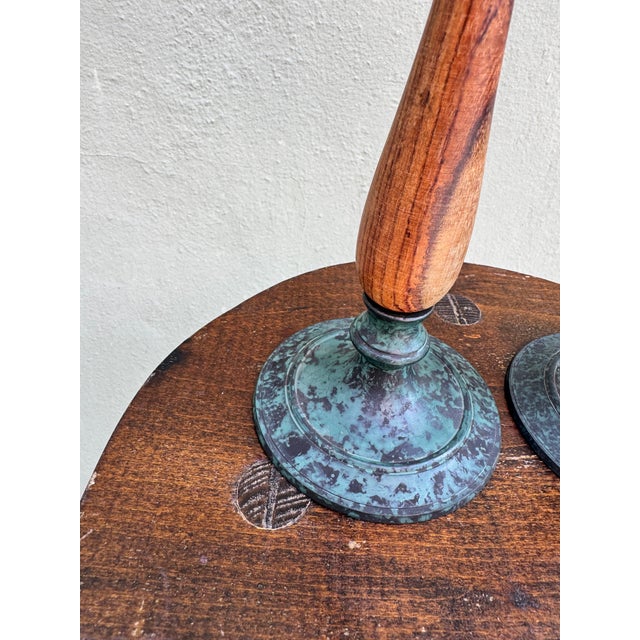 Vintage Scandinavian Wood & Verdigris Patina Candlesticks, a Pair — Rustic Modern For Sale In Miami - Image 6 of 9