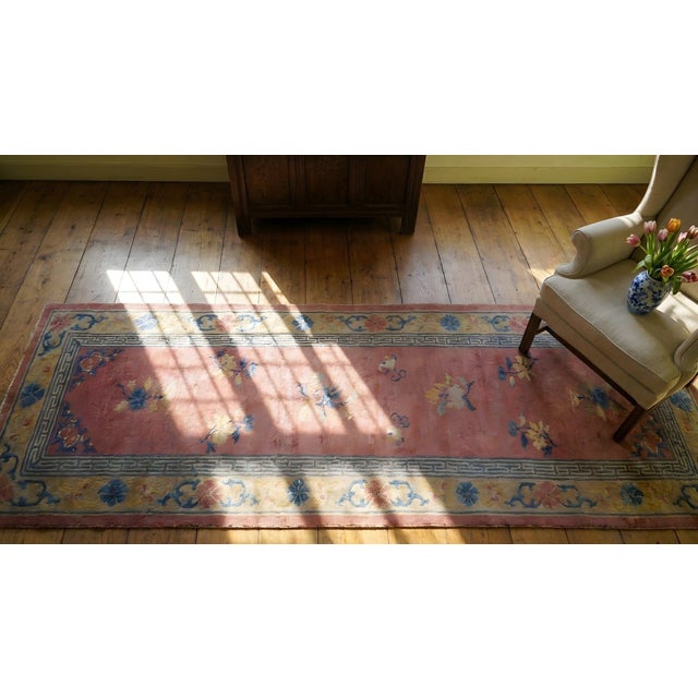 1930s Pink-Rose Floral Antique Chinese Peking Rug 3' X 11'8" Handknotted Wool Carpet For Sale - Image 9 of 9