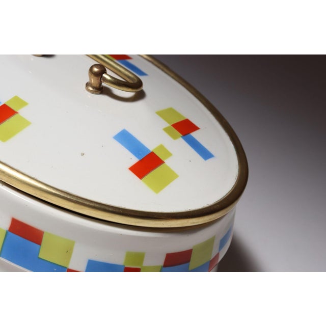 German Art Deco Ceramic and Brass Biscuit Tin With Geometric Motif For Sale - Image 17 of 18