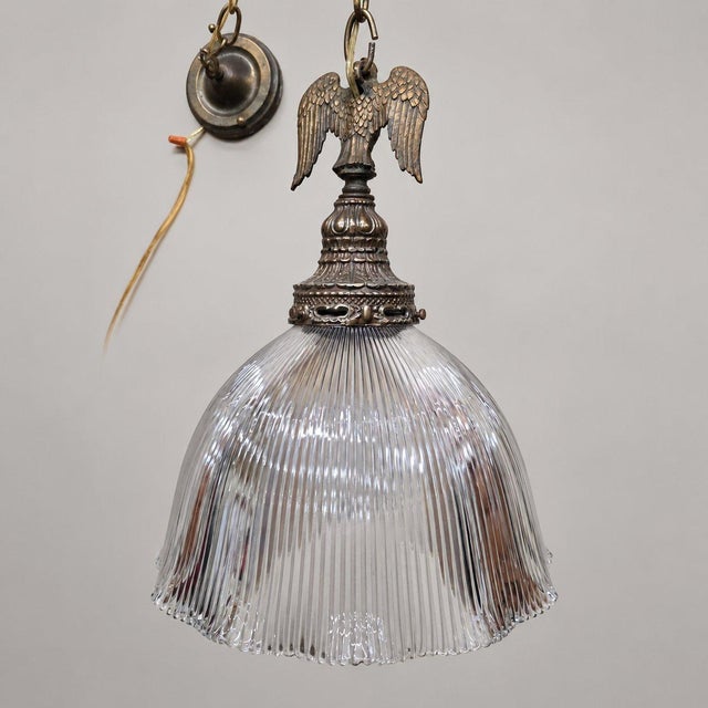 Vintage Eagle Pendant Light, Ribbed Glass Shade, Upcycled Fixture For Sale - Image 11 of 16