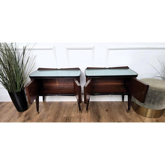 Mid-Century Art Deco Italian Nightstands with Walnut Glass Top, 1950s, Set of 2 For Sale - Image 9 of 11