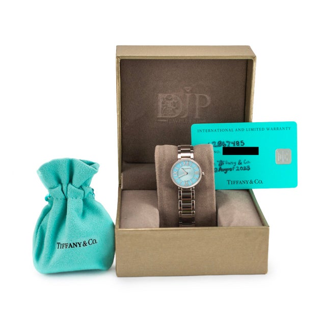 Silver Ladies Tiffany & Co. Blue Atlas 2-Hand 24mm 62867485 Diamond Steel Quartz Watch For Sale - Image 8 of 9