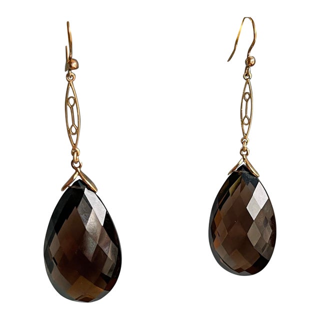 Vintage Circa 1950 9k Gold and Smoky Citrine Drop Earrings - 2 Pieces For Sale