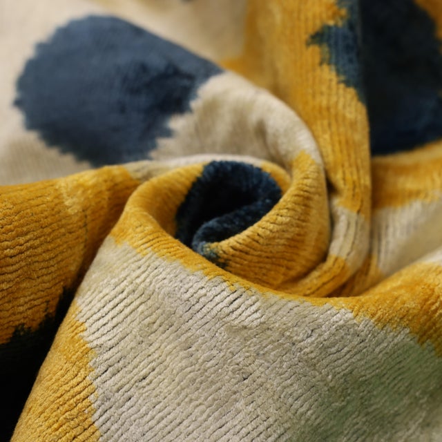 2020s Handmade Yellow & Navy Ikat Velvet Lumbar Pillow 16x24 | Modern Artisan Accent For Sale - Image 5 of 8
