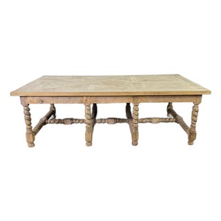 Large European Rustic Coffee Table With Parquetry Top and Barley-Twist Base For Sale