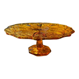 Vintage Amber Geometric Glass Cake Stand Le Smith Quintec Pattern For Sale