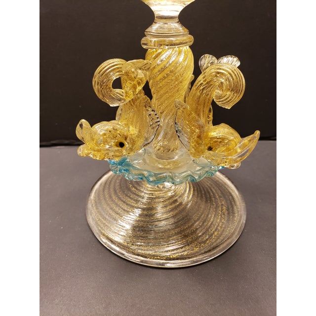 Murano Glass 3 Dolphin Tazza Compote Rigadin Gold Polveri Attr Salviati For Sale - Image 10 of 16