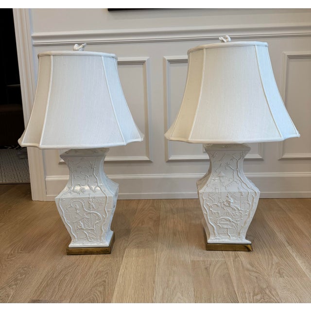 Paul Hanson Vintage Blanc De Chine Chinoiserie Ceramic Lamps - A Pair With Original Shades For Sale - Image 9 of 9