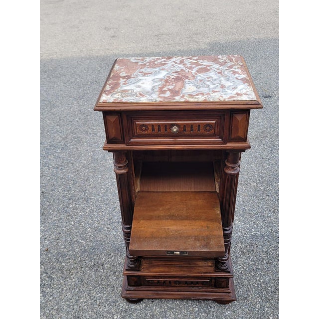 19th Century French Antique Walnut Marble Top Bedside Cabinet Nightstand For Sale - Image 11 of 18