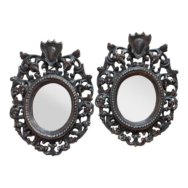 Florence Italy Pair of Silver Crested Antique Rococo Style Mirrors For Sale