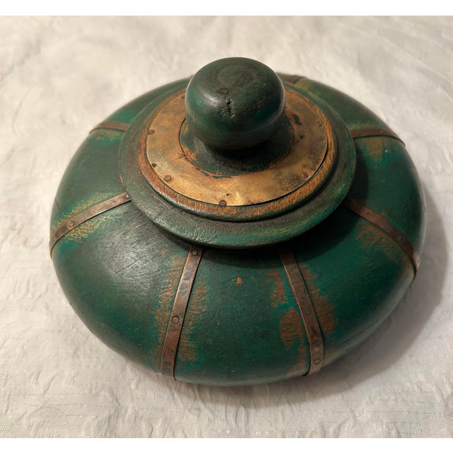 Decorative antique Asian round wood box container with lid. Hand crafted and hand painted wooden box with brass straps....