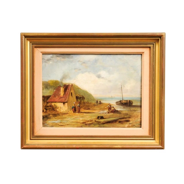 19th Century French 19th Century Framed Oil On Panel Painting Depicting a Village by the Sea For Sale - Image 5 of 12