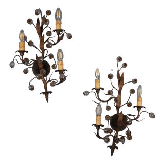 Italian Wall Lamps in Burnished Metal and Glass, Set of 2 For Sale