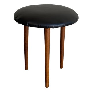 Teak Round Tripod Footstool Ottoman With Black Upholstery Danish Mid-Century Modern 1960s For Sale