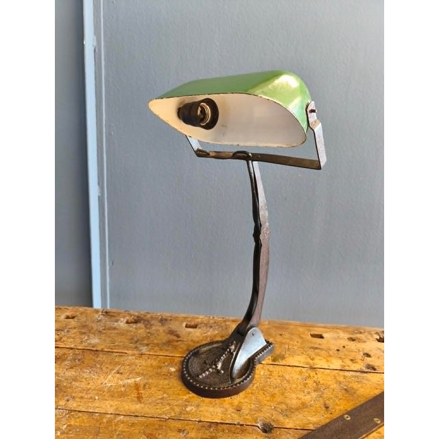 Metal Bank Lamp with Cast Iron Base and Enameled Metal Shade, 1920s For Sale - Image 7 of 14
