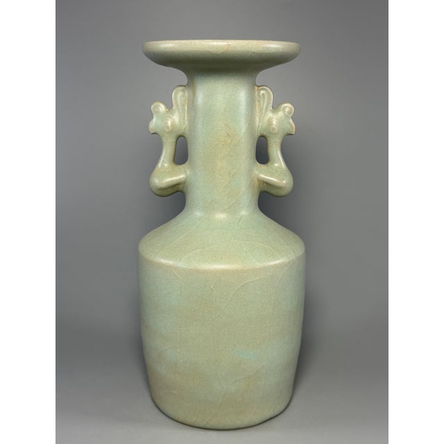 Chinese Antique Chinese Longquan Celadon Vase, Phoenix‑Shaped Double Handles For Sale - Image 3 of 8