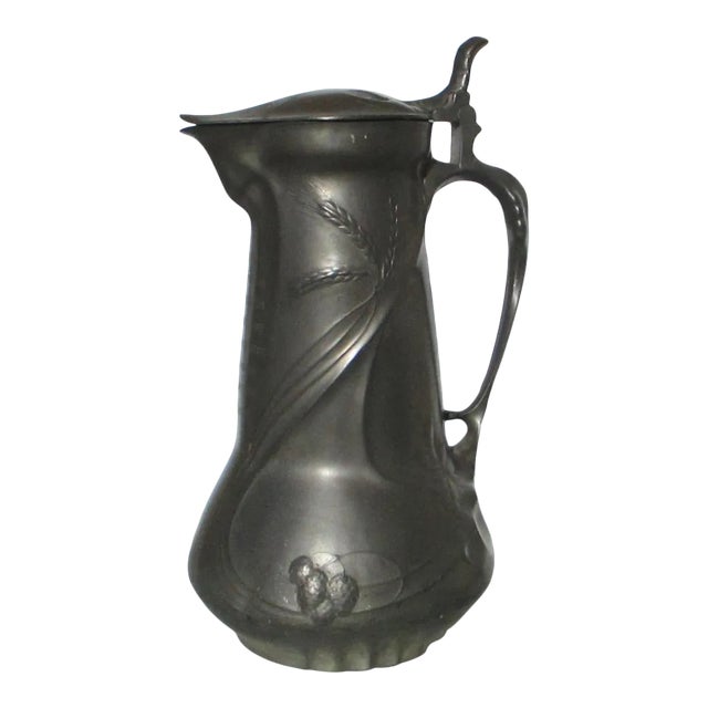 Antique Art Nouveau Pewter Lidded Pitcher 1905 For Sale