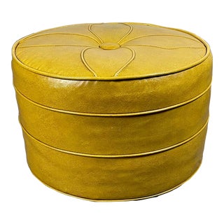 Mid Century Modern Yellow Naugahyde Round Ottoman For Sale