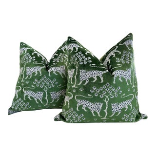 Schumacher Woodland Leopard Velvet in Emerald 22" Down-Filled Pillows - a Pair For Sale