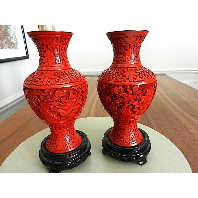 Paint Pair of Mid-Century Chinese Red Cinnabar Vases - Red Lacquer Over Brass For Sale - Image 7 of 9