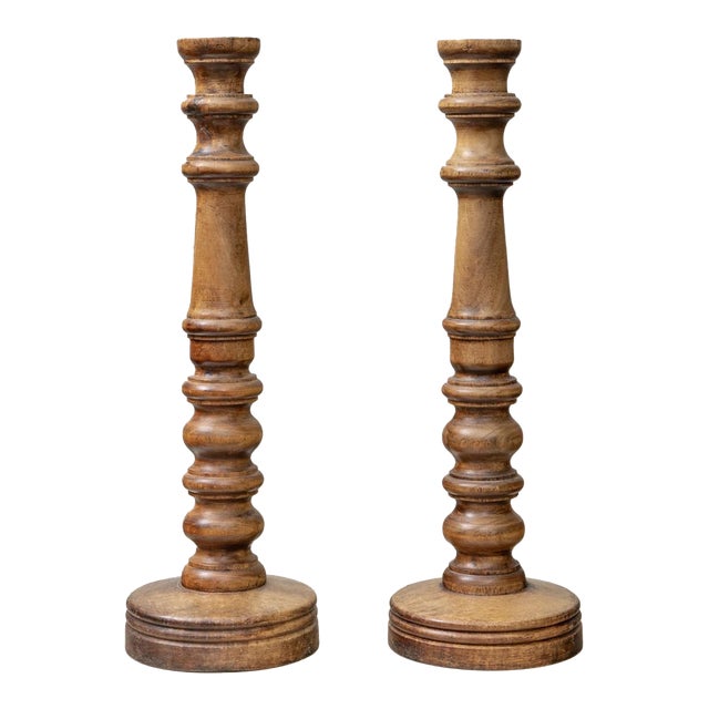Vintage Oversized Carved Wooded Candlesticks—A Pair For Sale