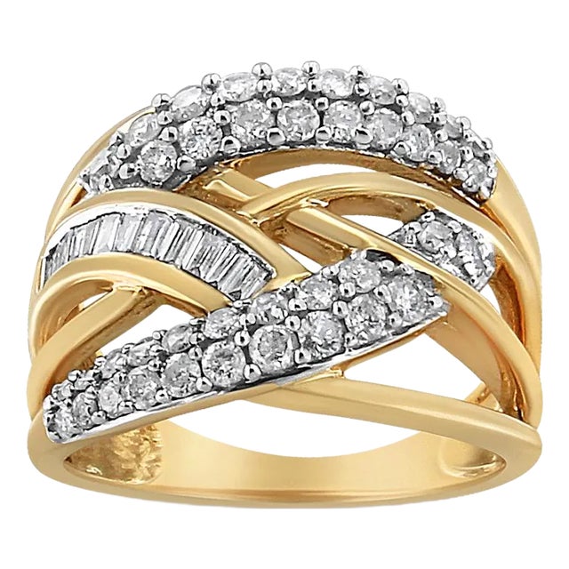 10K Yellow and White Gold 1.0 Cttw Round and Baguette-Cut Diamond Multirow Interwoven Cocktail Ring (I-J Color, I2-I3 Quality) - Size 6 For Sale