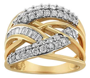 10K Yellow and White Gold 1.0 Cttw Round and Baguette-Cut Diamond Multirow Interwoven Cocktail Ring (I-J Color, I2-I3 Quality) - Size 6