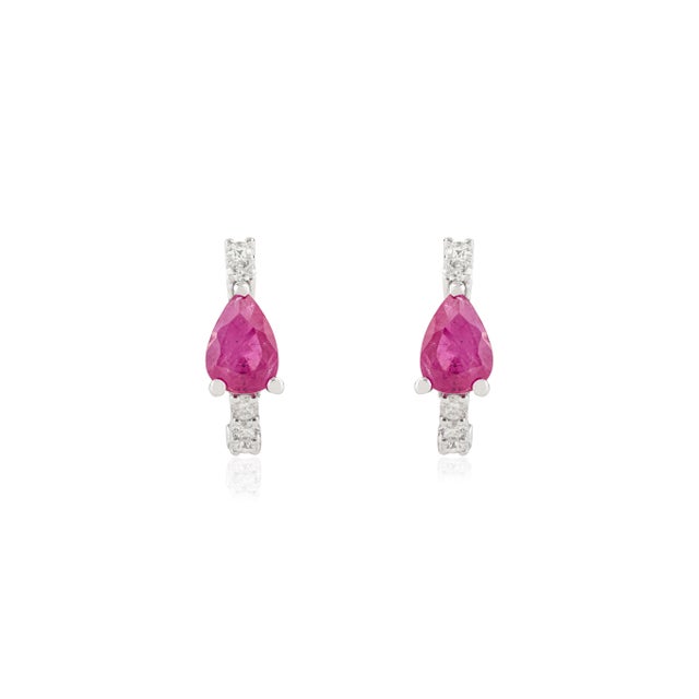 Contemporary Timeless 14k Gold Huggie Hoop Earrings With 1.03Ct Pear Cut Ruby & Diamond- 2 Pieces For Sale - Image 3 of 12