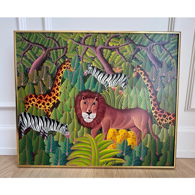 Metal Signed 1986 Henri Filsaimond Haitian Jungle Painting – Lion, Zebra & Giraffe Naïve Folk Art, Framed For Sale - Image 7 of 7