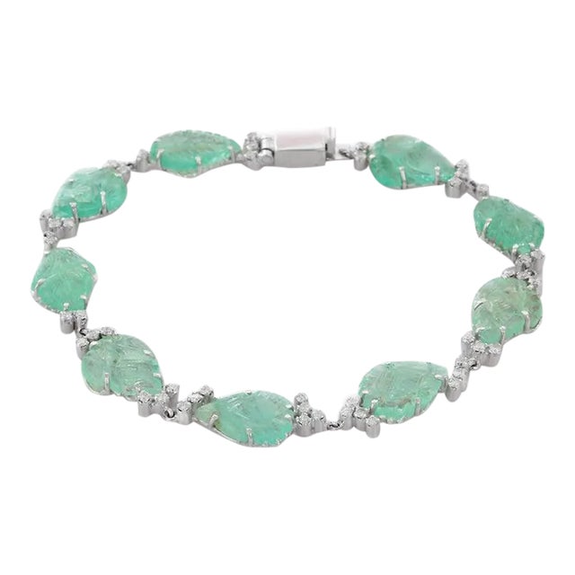 18.8 Ct Carved Raw Emerald Bracelet in 18k White Gold With Diamonds For Sale
