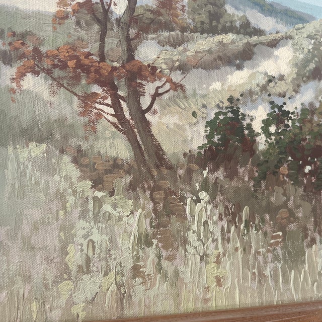 Textile Oil on Canvas European School Titled Sarbov Landscape Framed Signed by Slovakian Artist Peter Tux Made in 1964 For Sale - Image 7 of 9