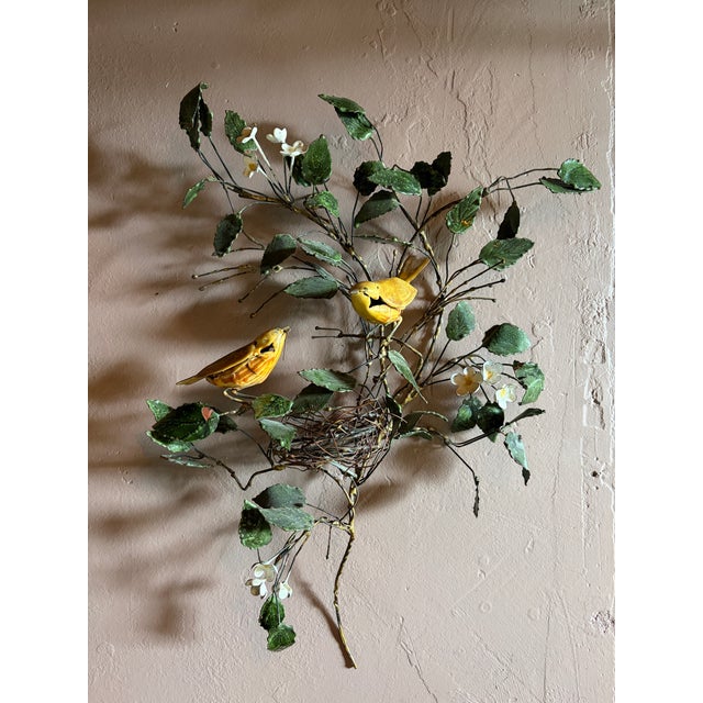 French Country Vintage Metal Wall Sculpture of Songbirds in Blossoming Branches With Nest For Sale - Image 3 of 7