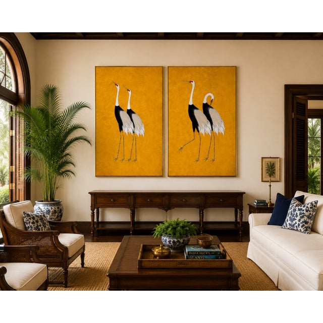 Japanese Crane Diptych, Oversized Gold Wall Art Collection, 16" X 24" For Sale In Buffalo - Image 6 of 9