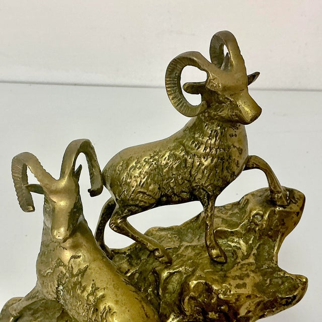 1970s Mid-Century Rustic Arts & Crafts Big Horn Sheep Brass Sculpture For Sale - Image 6 of 11