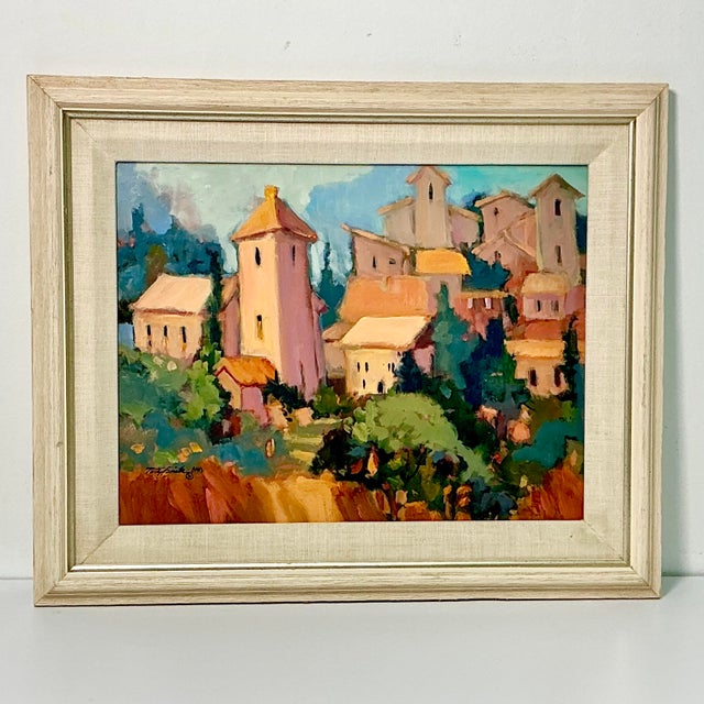 Rustic European 1963 Vintage Impressionist Rustic European Original Oil Painting, ‘Provincial Village’ by Patsy Smith For Sale - Image 3 of 13