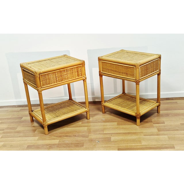 Light Yellow Mid-Century Modern Bamboo and Wicker Bedside Tables, Italy, 1970s, Set of 2 For Sale - Image 8 of 18