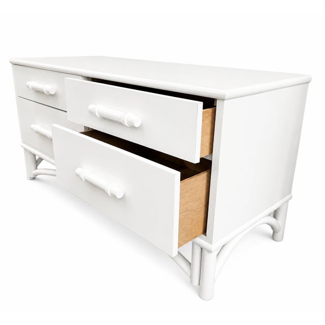 Whitecraft Vintage Coastal White Bamboo & Wood Low 4-Drawer Dresser For Sale - Image 4 of 6