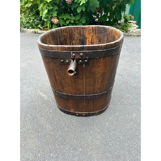 Large Vintage hand-made wooden fireplace bucket with with iron handles and straps