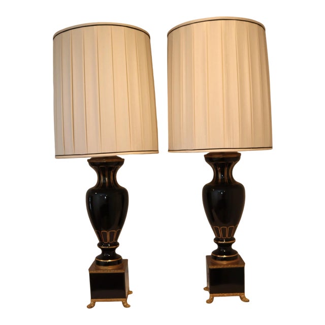 Vintage Mid 20th Century Black and Gold Ceramic Table Lamps With Shades - a Pair For Sale