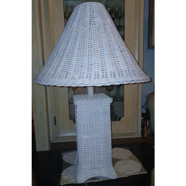 Vintage Boho Woven Wicker Rattan Table Lamp With Large Wicker Shade For Sale In Naples, FL - Image 6 of 10
