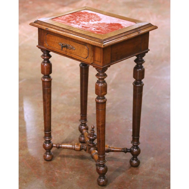 Late 19th Century 19th Century French Louis XIII Style Walnut Side Table With Pastoral Tile Top For Sale - Image 5 of 12