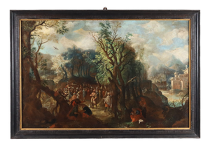 Flemish School Artist, The Preaching of St. John, 1600s-1700s, Oil on Canvas, Framed