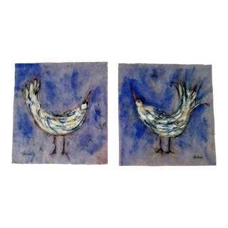 "Blue Birds With Tail Feathers" Paintings By Roberta Ann Busard - a Pair For Sale