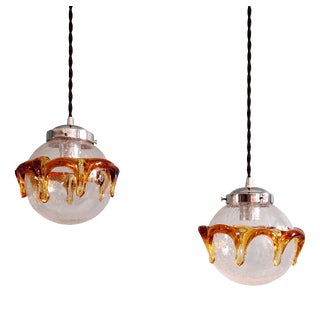 Space Age Pendant Lights in Blown and Bubbled Murano Glass, 1970s, Set of 2 For Sale