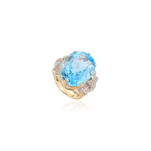 35.2 Ctw Bohemian Chic Sky Blue Topaz & Diamond Cocktail Ring Size 5 For Sale - Image 4 of 12