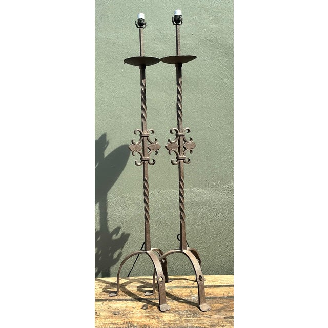 Brown Vintage Twisted Wrought Iron Floor Lamps - A Pair For Sale - Image 8 of 12