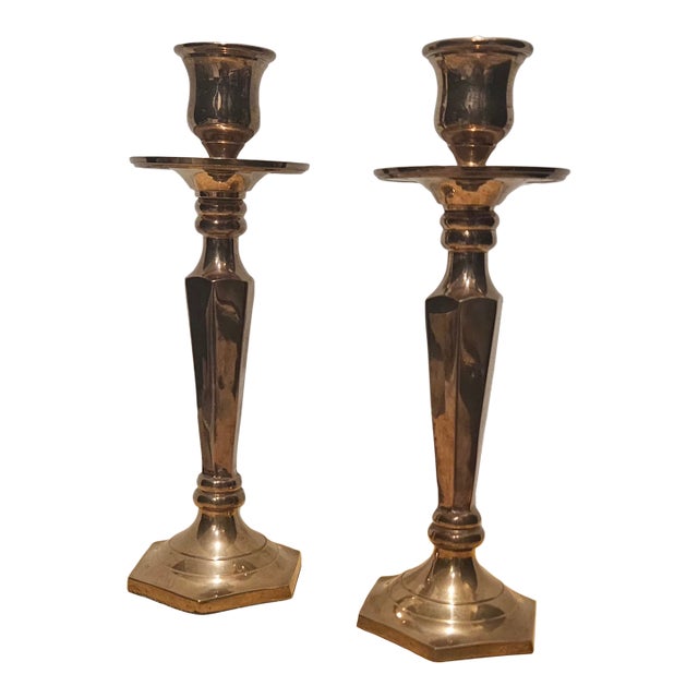 Vintage Brass Candlestick Holders – Faceted Stem With Hexagonal Base – Pair For Sale