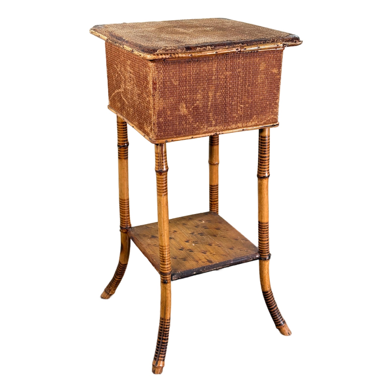 Antique Bamboo Sewing or Storage Stand With Lift Top Woven Case