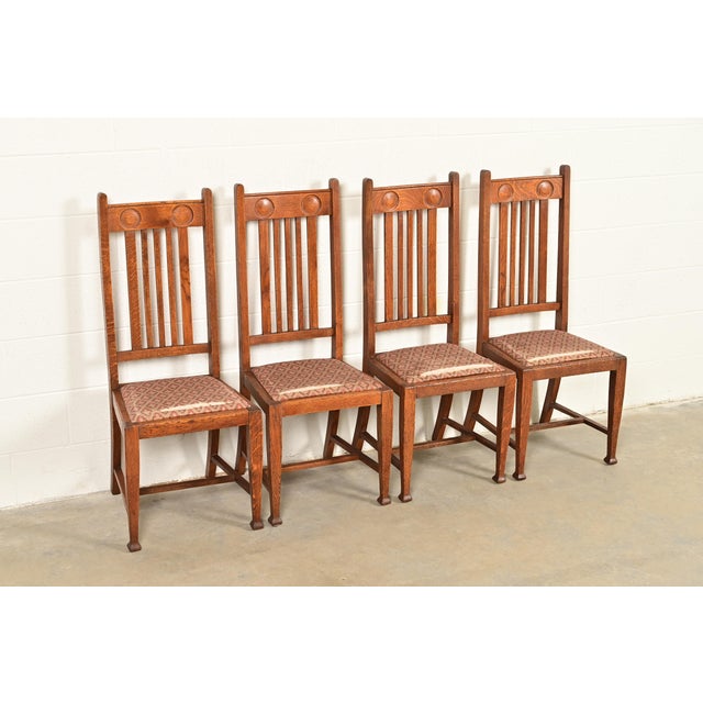 Charles Limbert Stickley Brothers Style Antique English Arts & Crafts Carved Oak High Back Dining Chairs, Set of Four For Sale - Image 4 of 8