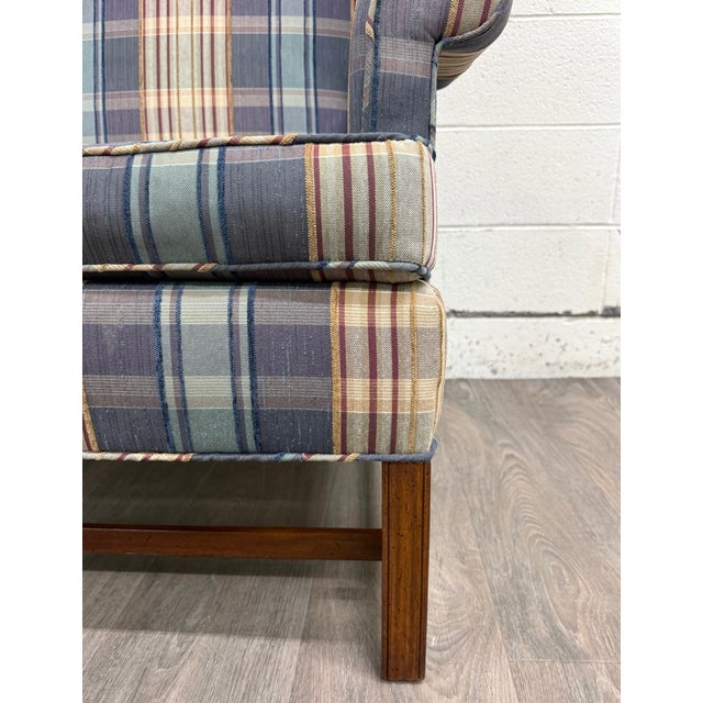 Wood Vintage Wingback Plaid Upholstered Armchair For Sale - Image 7 of 11